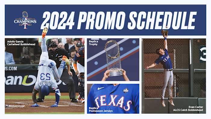 The 2024 Texas Rangers promotional schedule includes 25 giveaways, including eight bobbleheads, a replica World Series trophy, replica World Series rings, and replica postseason jerseys.